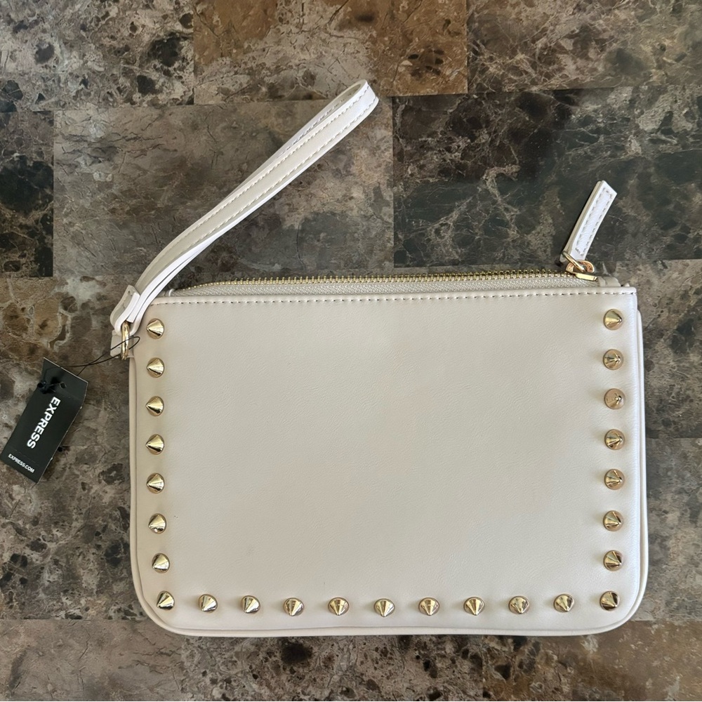 Express Wristlet Cream Studded Clutch Zip Closure Purse New with Flaw Shown